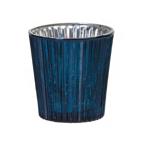 Teelichthalter Ø7.5cm mit Rillenmuster, blau-glänzend