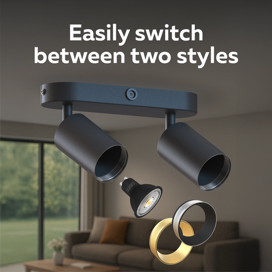 Calex Deckenspot 2×GU10 – oval / Schwarz – Aluminium-Deckenstrahler Anpassung der Front mit Schraubringen