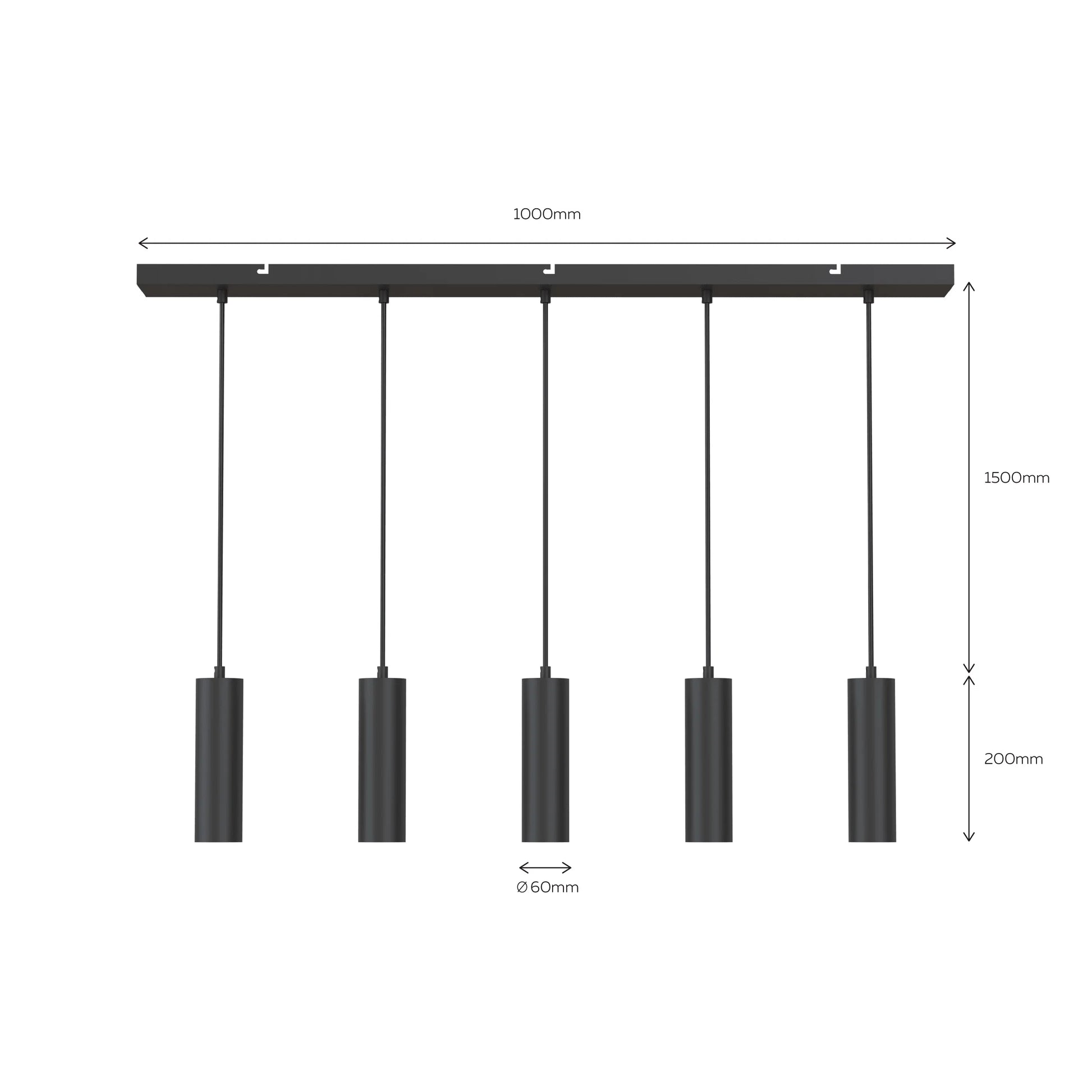 Lampenpendel 5er Schiene GU10 Spots / Schwarz Masse