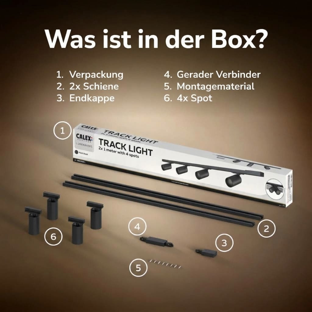 Calex Tracklight 4×GU10 – 2 m / Schwarz – Schienen-Deckenleuchte aus Aluminium Lieferumfang