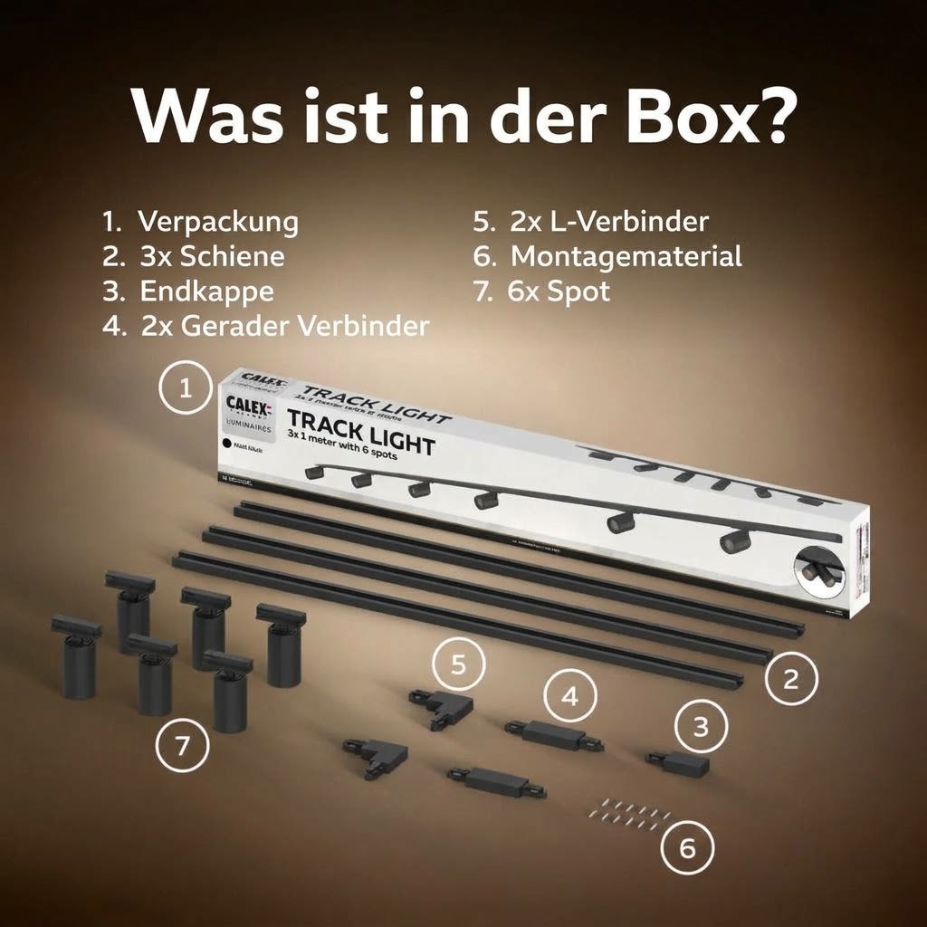 Calex Tracklight 6×GU10 – 3 m / Schwarz – Schienen-Deckenleuchte aus Aluminium Lieferumfang
