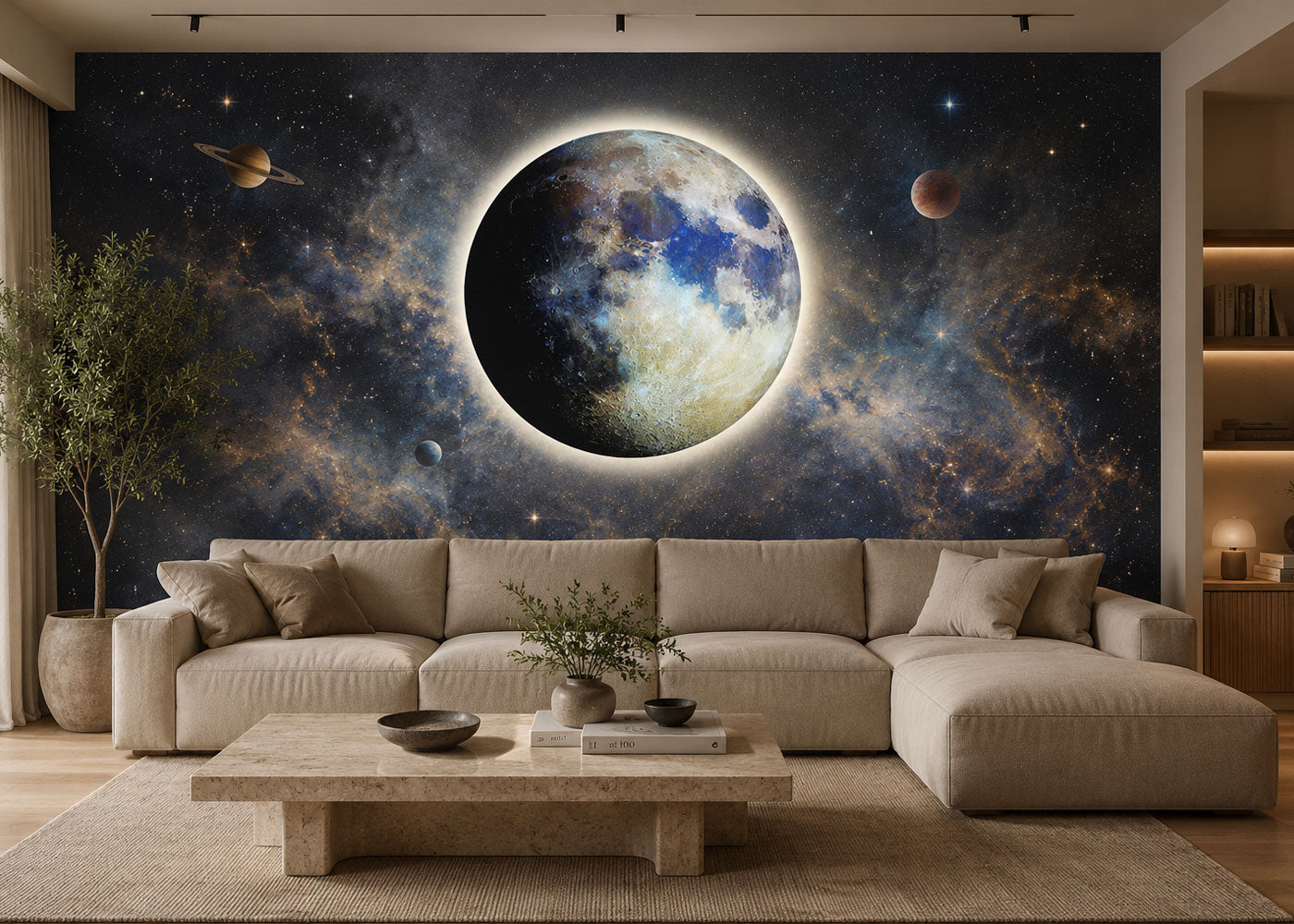 Visualisierung: Wohnzimmer mit handgemaltem Wandbild und LED-Mondleuchte