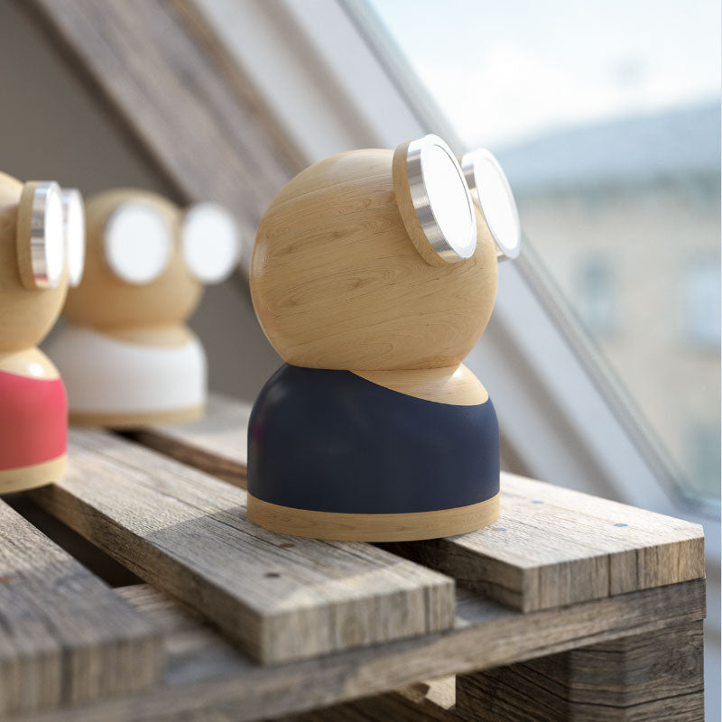 Tischleuchte Mr. Watt mit Brille aus Holz, graublau