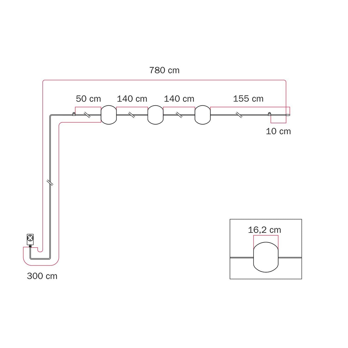 Marina3 Cherry, Massskizze Abstand 140 cm
