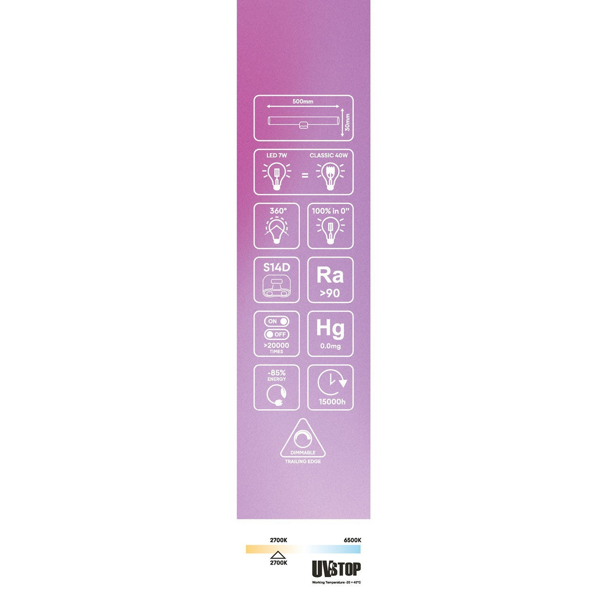 S14d LED-Röhrenlampe Porzellan-Effekt – 500 mm, 7W, 2700K, dimmbar