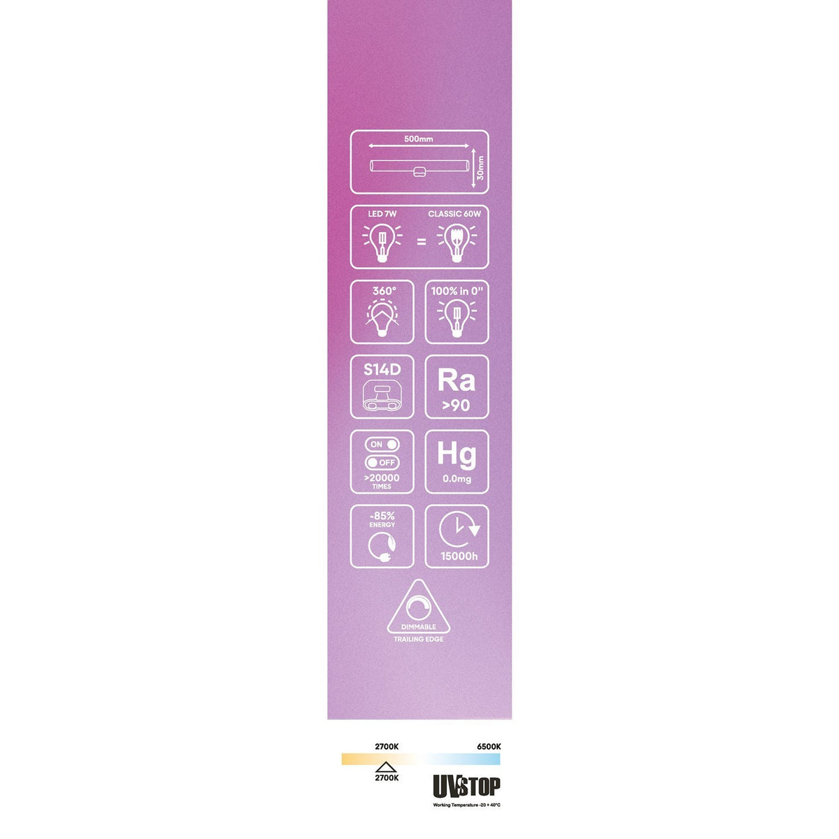S14d LED-Röhrenlampe transparent – 500 mm, 7W, 2700K, dimmbar