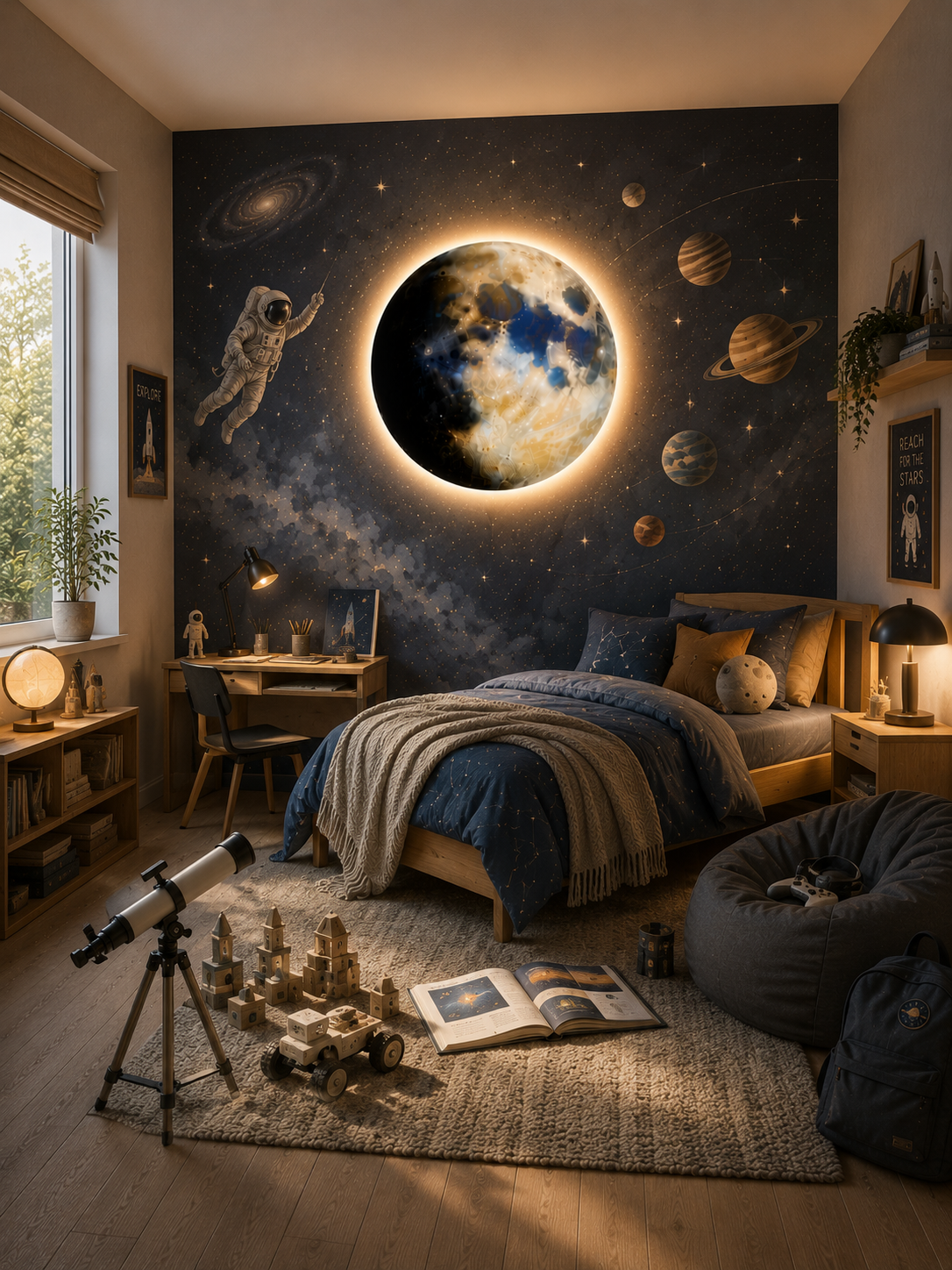 Visualisierung: Wohnzimmer mit handgemaltem Wandbild und LED-Mondleuchte