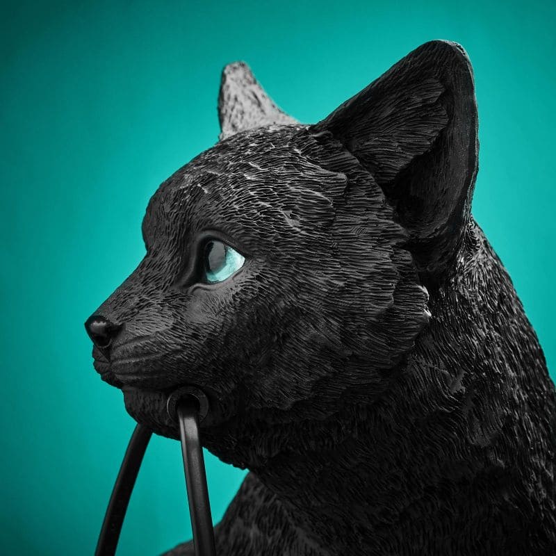 Tischleuchte Katze Chouchou schwarz Detail Kopf mit grünen Augen