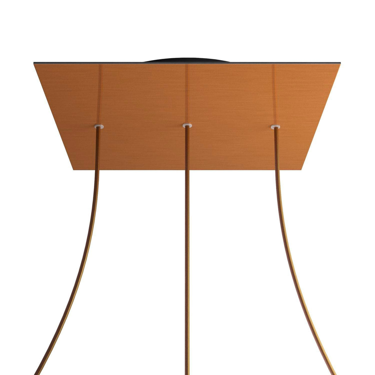 Lampenbaldachin XXL Rose-One quadratisch, 3 Löcher in Linie + 4 Seitenlöcher, 40 × 40 cm – Kupfer satiniert, Schwarz
