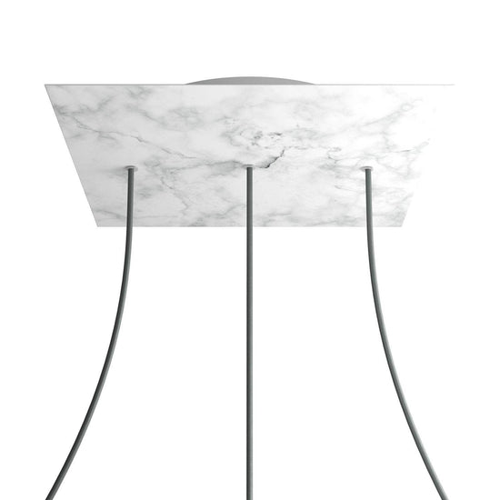 Lampenbaldachin XXL Rose-One quadratisch, 3 Löcher in Linie + 4 Seitenlöcher, 40 × 40 cm – Marmor-Optik Carrara, Weiss