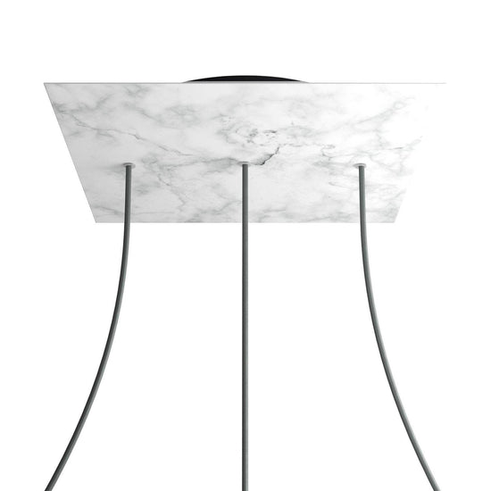 Lampenbaldachin XXL Rose-One quadratisch, 3 Löcher in Linie + 4 Seitenlöcher, 40 × 40 cm – Marmor-Optik Carrara, Schwarz