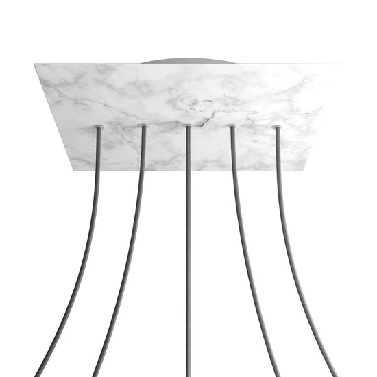 Lampenbaldachin XXL Rose-One quadratisch, 5 Löcher in Linie + 4 Seitenlöcher, 40 × 40 cm – Marmor-Optik Carrara, Weiss