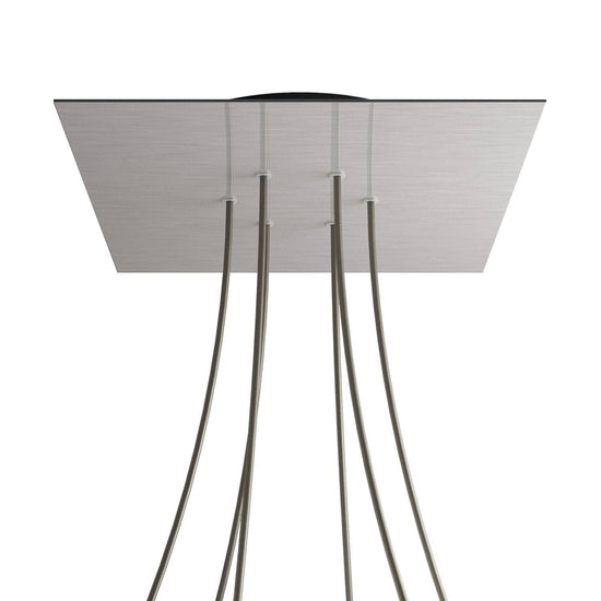 Lampenbaldachin XXL Rose-One quadratisch, 6 Löcher + 4 Seitenlöcher, 40 × 40 cm – Stahl satiniert, Schwarz