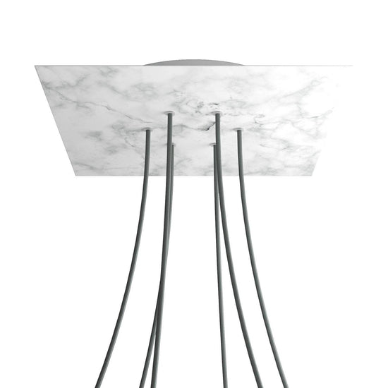 Lampenbaldachin XXL Rose-One quadratisch, 6 Löcher + 4 Seitenlöcher, 40 × 40 cm – Marmor-Optik Carrara, Weiss
