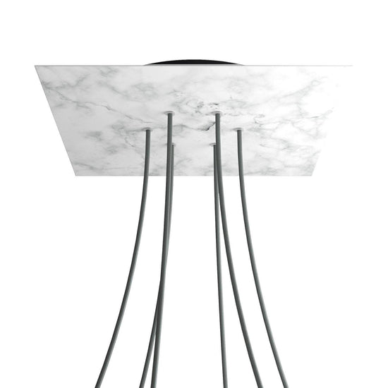 Lampenbaldachin XXL Rose-One quadratisch, 6 Löcher + 4 Seitenlöcher, 40 × 40 cm – Marmor-Optik Carrara, Schwarz