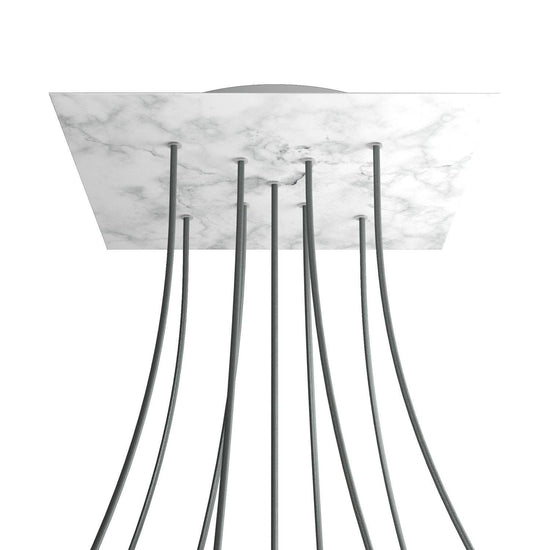 Lampenbaldachin XXL Rose-One quadratisch, 9 Löcher in X-Form + 4 Seitenlöcher, 40 × 40 cm – Marmor-Optik Carrara, Weiss