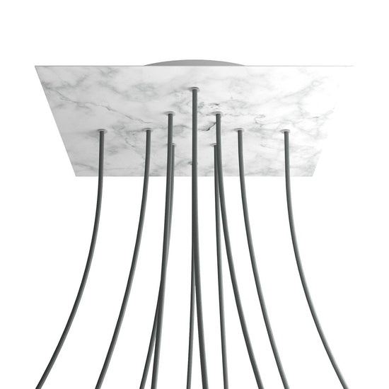 Lampenbaldachin XXL Rose-One quadratisch, 10 Löcher + 4 Seitenlöcher, 40 × 40 cm – Marmor-Optik Carrara, Weiss