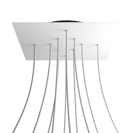 Lampenbaldachin XXL Rose-One quadratisch, 10 Löcher + 4 Seitenlöcher, 40 × 40 cm – Weiss matt, Schwarz