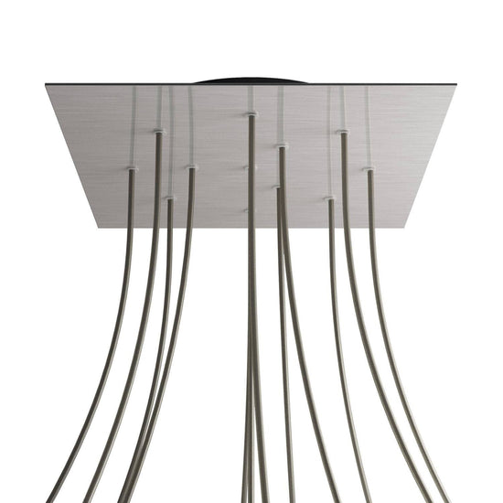 Lampenbaldachin XXL Rose-One quadratisch, 12 Löcher + 4 Seitenlöcher, 40 × 40 cm – Stahl satiniert, Schwarz