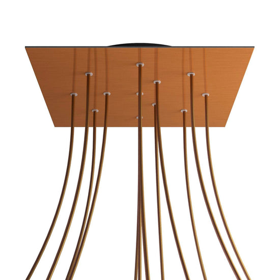 Lampenbaldachin XXL Rose-One quadratisch, 12 Löcher + 4 Seitenlöcher, 40 × 40 cm – Kupfer satiniert, Schwarz