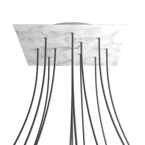 Lampenbaldachin XXL Rose-One quadratisch, 12 Löcher + 4 Seitenlöcher, 40 × 40 cm – Marmor-Optik Carrara, Weiss
