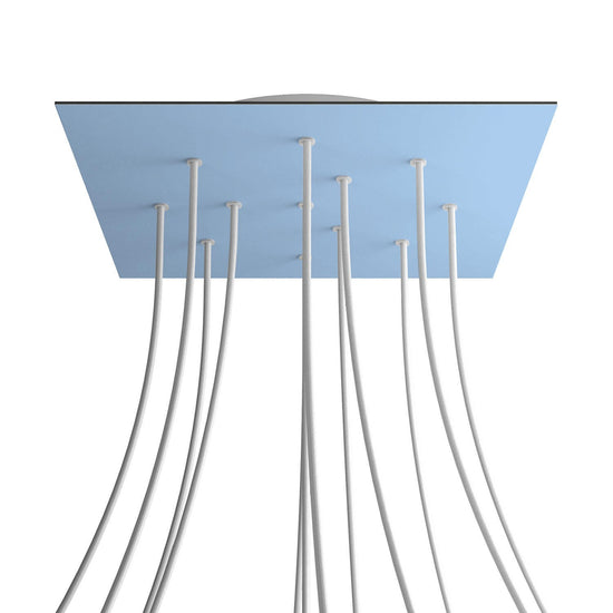 Lampenbaldachin XXL Rose-One quadratisch, 12 Löcher + 4 Seitenlöcher, 40 × 40 cm – Puderblau, Weiss