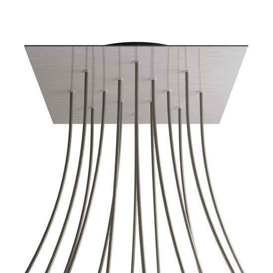 Lampenbaldachin XXL Rose-One quadratisch, 14 Löcher + 4 Seitenlöcher, 40 × 40 cm – Stahl satiniert, Schwarz