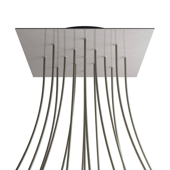 Lampenbaldachin XXL Rose-One quadratisch, 15 Löcher + 4 Seitenlöcher, 40 × 40 cm – Stahl satiniert, Schwarz